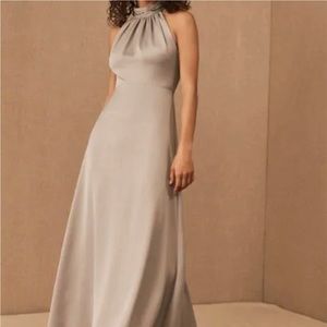 BHLDN Esme Satin Charmeuse Halter Dress- floor length in dove grey